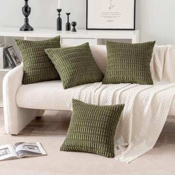 MIULEE Pack of 4 Olive Green Corduroy Decorative Throw Pillow Covers 18x18 Inch Soft Boho Striped Pillow Covers Modern Farmhouse Home Decor for Sofa Living Room Couch Bed