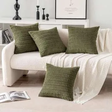 MIULEE Pack of 4 Olive Green Corduroy Decorative Throw Pillow Covers 18x18 Inch Soft Boho Striped Pillow Covers Modern Farmhouse Home Decor for Sofa Living Room Couch Bed