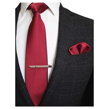 JEMYGINS Burgundy Formal Necktie and Pocket Square, Hankerchief and Tie Bar Clip Sets for Men