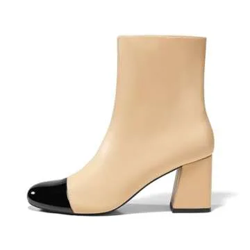 Coutgo Womens Ankle Boots Chunky Block Heel Two Tone Round Toe Side Zipper Dress Fall Booties Shoes, Khaki, Size 8