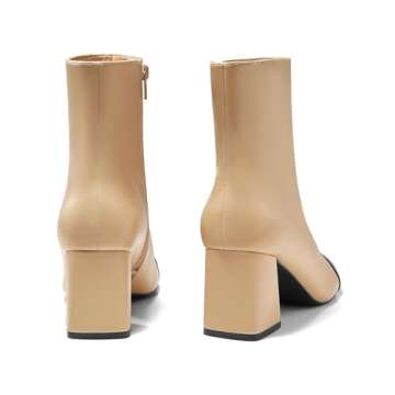 Coutgo Womens Ankle Boots Chunky Block Heel Two Tone Round Toe Side Zipper Dress Fall Booties Shoes, Khaki, Size 8