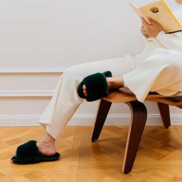 LongBay Women's Fuzzy Faux Fur Memory Foam Cozy Flat Spa Slide Slippers Comfy Open Toe Slip On House...