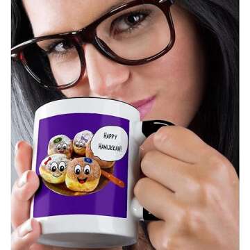 3dRose Coffee Mug, Size - 15oz - Purple Cute Happy Hannukah cartoon jewish donuts - for channukah - ...