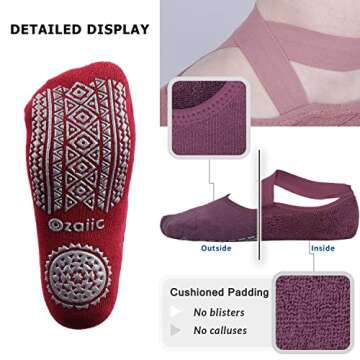 Ozaiic Yoga Socks for Women Non-Slip Grips & Straps, Ideal for Pilates, Pure Barre, Ballet, Dance, Barefoot Workout (3 Pairs-Purple/Rose Red/Bean Red)