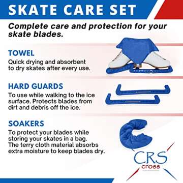 CRS Cross Ice Skate Guards, Soakers and Towel Gift Set. Ice Skating Hard Guards and Soft Skate Blade Covers for Figure Skating or Hockey. (Blade Blue, Large)
