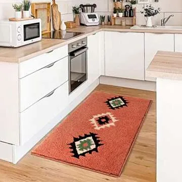 DEXDE Boho Bathroom Rugs Coral Red Bath Mat Non-Slip Long Bathroom Rug Runner Luxury Soft Absorbent Carpet for Bathroom Shower Kitchen Entryway Western Farmhouse Decor 20x47
