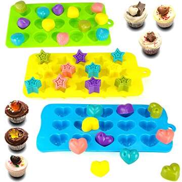 Silicone Chocolate Candy Molds, AIFUDA 4 Packs Non-stick Baking Molds Ice Cube Trays for Making Cake Muffin Cupcake Gumdrop Jelly - Heart, Star & Shell