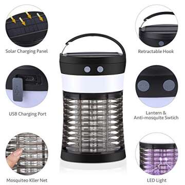 Mosquito Killer Lamp, ViViLarm Rechargeable Solar & USB Powered Bug Zapper, IP66 Waterproof Hanging Camping Lantern, Portable Insect Fly Pest Trap for Indoor Outdoor Backyard Patio Traveling Hiking