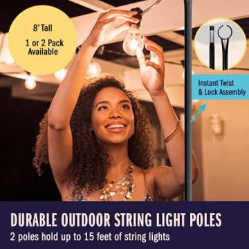 Holiday Styling String Light Poles for Outdoor String Lights - Metal Light Pole w/Hooks for Outdoor ...