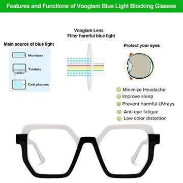 VOOGLAM Square Blue Light Blocking Glasses for Women Men Anti UV Eyestrain Computer Eyewear Black White Mixon GWA611936-01
