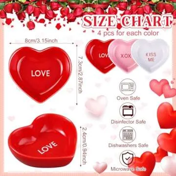 Hushee 12 Pcs Valentine's Day Heart Shaped Side Dish Bowl Ceramic Seasoning Dishes Soy Dipping Sauce Dishes Bowl for Valentine's Day Party Wedding Party (Red, White, Pink,XOXO, Love, Kiss Me)