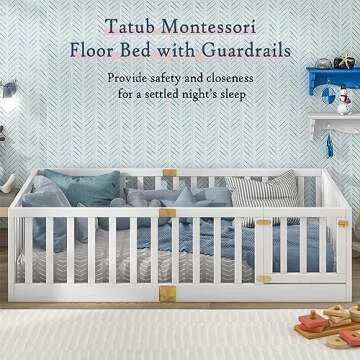 Tatub Twin Montessori Floor Bed with High Rails, Solid Wood Montessori Bed Frame for Kids, Door Can Install Left and Right, Twin-White