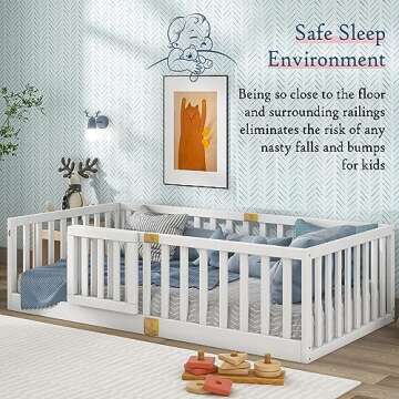 Tatub Twin Montessori Floor Bed with High Rails, Solid Wood Montessori Bed Frame for Kids, Door Can Install Left and Right, Twin-White