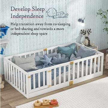 Tatub Twin Montessori Floor Bed with High Rails, Solid Wood Montessori Bed Frame for Kids, Door Can Install Left and Right, Twin-White