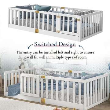 Tatub Twin Montessori Floor Bed with High Rails, Solid Wood Montessori Bed Frame for Kids, Door Can Install Left and Right, Twin-White