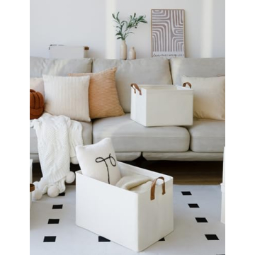 StorageWorks Storage Bins, Fabric Storage Bins for Shelves, Large Storage Baskets with Metal Frame, Closet Baskets and Bins with Handles, Beige, 2-Pack