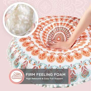 Codi Meditation Floor Pillow, Round Large Pillows Seating for Adults, Bohemian Mandala Circle Cushion for Outdoor Fireplace Yoga Living Room, 32 Inch, Memory Foam Added, Coral