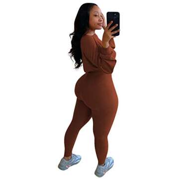 Women 2 Piece Outfits Sweatsuit Set Ribbed Long Sleeve Crop Top Bodycon Pants Tracksuit Jogger Set Coffee 2X