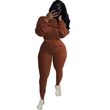 Women 2 Piece Outfits Sweatsuit Set Ribbed Long Sleeve Crop Top Bodycon Pants Tracksuit Jogger Set Coffee 2X