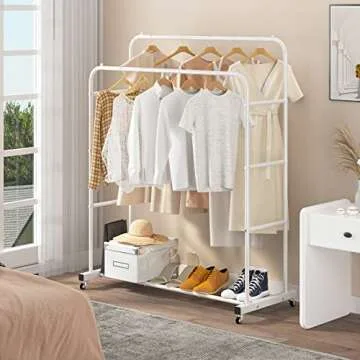 Laiensia Double Rods Clothing Rack with Wheels, Garment Rack for Hanging Clothes, Multi-functional Bedroom Clothes Rack, White