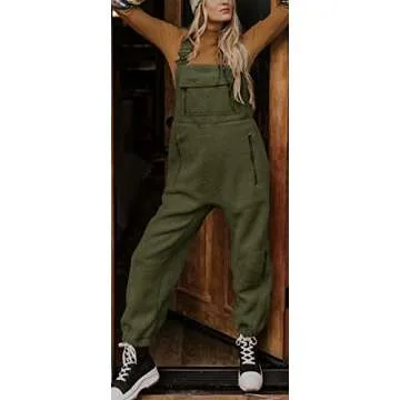 Ebifin Women's Fleece Warm Overalls Winter Loose Casual Jumpsuits with Pockets