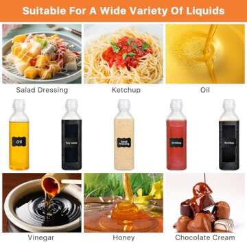 Akamino 16 Oz Condiment Squeeze Bottles, 5 Pack Plastic Squeeze Squirt Bottle with Flip Top Cap, Multipurpose Squirt Bottles for Oil,Hot Sauce,Ketchup,BBQ(2 Silicone Funnel,5 Chalk Labels And 1 Pen)