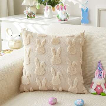 LOMCHEN Easter Throw Pillow Covers 18x18 inch Set of 2 for Easter Decorations Beige Bunny Rabbit Sof...
