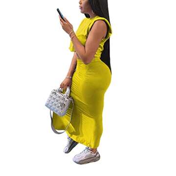 Womens Skirt Sets 2 Piece Outfits Casual Dresses Sleeveless Shoulder Pad Crop Tops Midi Long Skirts Club Outfits (TY2053-Yellow,S)