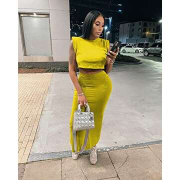 Womens Skirt Sets 2 Piece Outfits Casual Dresses Sleeveless Shoulder Pad Crop Tops Midi Long Skirts Club Outfits (TY2053-Yellow,S)
