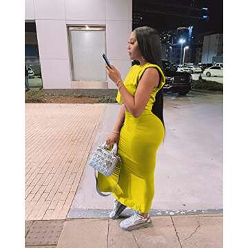 Womens Skirt Sets 2 Piece Outfits Casual Dresses Sleeveless Shoulder Pad Crop Tops Midi Long Skirts Club Outfits (TY2053-Yellow,S)