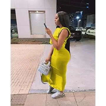 Womens Skirt Sets 2 Piece Outfits Casual Dresses Sleeveless Shoulder Pad Crop Tops Midi Long Skirts Club Outfits (TY2053-Yellow,S)