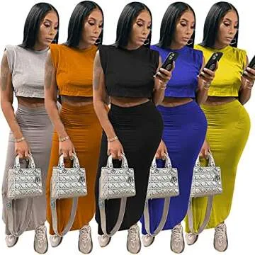 Womens Skirt Sets 2 Piece Outfits Casual Dresses Sleeveless Shoulder Pad Crop Tops Midi Long Skirts Club Outfits (TY2053-Yellow,S)