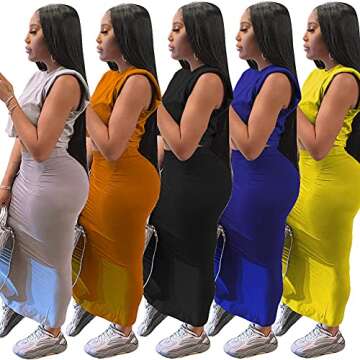 Womens Skirt Sets 2 Piece Outfits Casual Dresses Sleeveless Shoulder Pad Crop Tops Midi Long Skirts Club Outfits (TY2053-Yellow,S)