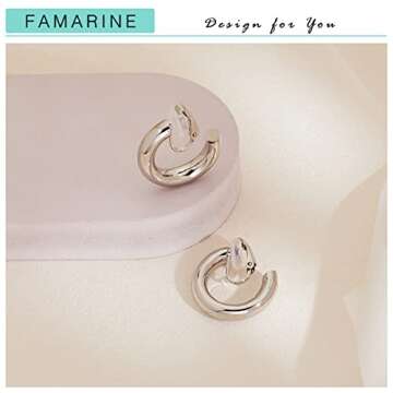 FAMARINE Silver Clip on Earrings Chunky Tube Hoop Clip on Earrings for Women Minimalistic Round Thick Clip Earring