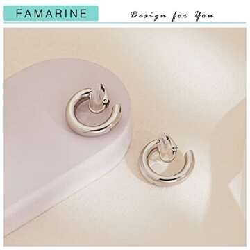 FAMARINE Silver Clip on Earrings Chunky Tube Hoop Clip on Earrings for Women Minimalistic Round Thick Clip Earring
