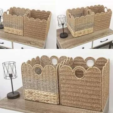 Scalloped Wicker Storage Cubes Basket, 12x12 Heavy Duty Hyacinth Baskets for Shelves, Foldable Natural Boho Square Bins (Renewable Paper Rope 2Pack, 12x12in)