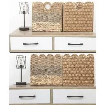 Scalloped Wicker Storage Cubes Basket, 12x12 Heavy Duty Hyacinth Baskets for Shelves, Foldable Natural Boho Square Bins (Renewable Paper Rope 2Pack, 12x12in)