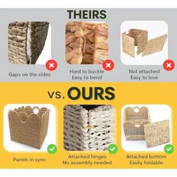 Scalloped Wicker Storage Cubes Basket, 12x12 Heavy Duty Hyacinth Baskets for Shelves, Foldable Natural Boho Square Bins (Renewable Paper Rope 2Pack, 12x12in)