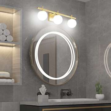 Ralbay Mid Century Modern Gold Bathroom Light Fixtures 3-Light Gold Milky Glass Modern Bathroom Vanity Lights Over Mirror, Gold Wall Light for Bathroom (Exclude Bulb)