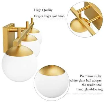 Ralbay Mid Century Modern Gold Bathroom Light Fixtures 3-Light Gold Milky Glass Modern Bathroom Vanity Lights Over Mirror, Gold Wall Light for Bathroom (Exclude Bulb)