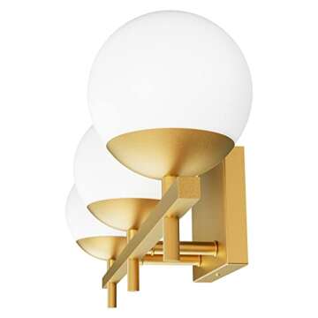 Ralbay Mid Century Modern Gold Bathroom Light Fixtures 3-Light Gold Milky Glass Modern Bathroom Vanity Lights Over Mirror, Gold Wall Light for Bathroom (Exclude Bulb)