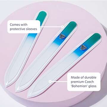 Glass Nail Files, Glass Fingernail Files for Gentle Manicure Nail Care, Expertly Shape Nails & Enjoy a Smooth Finish - Bona Fide Beauty 3-Piece Premium Czech Glass Files