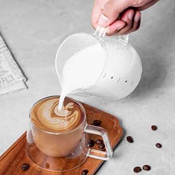 High Borosilicate Glass Milk Frothing Pitcher with Measurement, 20oz/600ml Hammer Heat Resistant Glass Milk Coffee Cappuccino Latte Art Steaming Pitcher Barista Milk Jug Cup, Stovetop & Microwave Safe