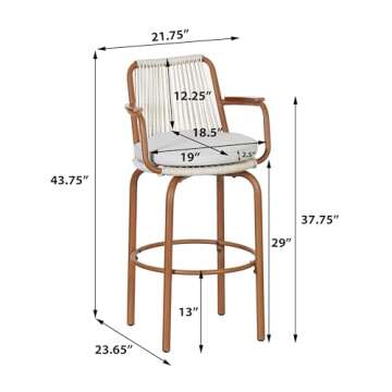 Merax Outdoor Patio Bar Stools Set of 2, 29" H Modern Woven Rattan Rope Bar Height Chair with Back a...