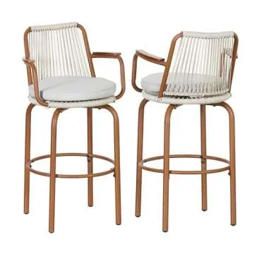 Merax Outdoor Patio Bar Stools Set of 2, 29" H Modern Woven Rattan Rope Bar Height Chair with Back and Arm for Kitchen Pool Island, Patio Garden