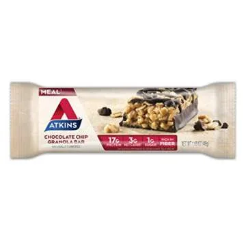 Atkins Chocolate Chip Granola Protein Meal Bar, High Fiber, 17g Protein, 1g Sugar, 3g Net Carbs, Mea...