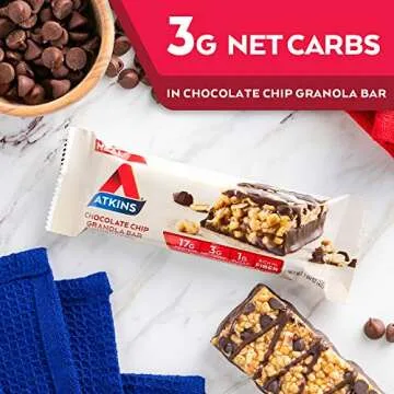 Atkins Chocolate Chip Granola Protein Meal Bar, High Fiber, 17g Protein, 1g Sugar, 3g Net Carbs, Meal Replacement, Keto Friendly, 8 Count
