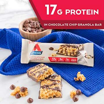 Atkins Chocolate Chip Granola Protein Meal Bar, High Fiber, 17g Protein, 1g Sugar, 3g Net Carbs, Meal Replacement, Keto Friendly, 8 Count