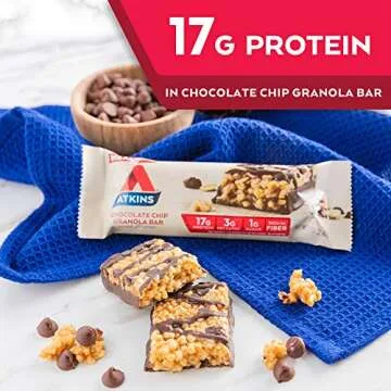 Atkins Chocolate Chip Granola Protein Meal Bar, High Fiber, 17g Protein, 1g Sugar, 3g Net Carbs, Meal Replacement, Keto Friendly, 8 Count