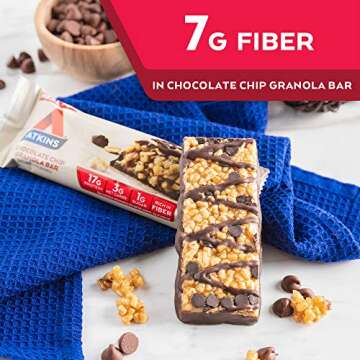Atkins Chocolate Chip Granola Protein Meal Bar, High Fiber, 17g Protein, 1g Sugar, 3g Net Carbs, Meal Replacement, Keto Friendly, 8 Count